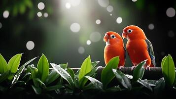 Two vibrant orange parrots perched on a lush green branch with soft bokeh background lighting photo
