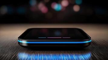 Sleek modern smartphone on a reflective surface with colorful bokeh lights in the background photo