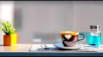 A beautifully crafted latte with heart design beside a small plant and colorful drink in a bright caf photo