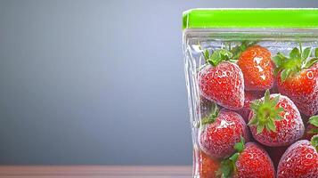 Fresh strawberries in a clear bag on a wooden surface with a blurred background photo