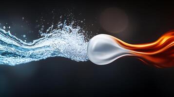 Dynamic splash of blue water colliding with swirling red liquid on a dark background photo