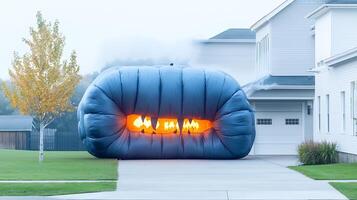 Inflatable structure resembling a large blue object emitting flames in suburban neighborhood photo
