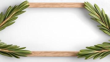 A minimalistic wooden frame adorned with green leaves, set against a white background, ideal for showcasing art or photography photo