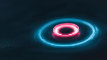 Vibrant neon circular light pattern creating ripples in a dark background, showcasing motion photo