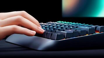 Close-up of a hand typing on a colorful gaming keyboard in a dimly lit room with a screen photo