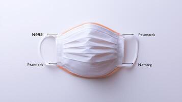 Close-up of a white face mask with labels indicating its features on a clean background photo