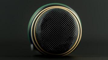Close-up of a professional microphone with textured mesh and sleek design against a dark background photo