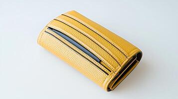 Stylish yellow leather wallet with multiple compartments on a clean white background photo