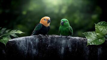 Two colorful parrots perched on a stone wall surrounded by lush greenery in a serene setting photo