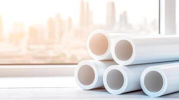 Rolls of white paper stacked on a windowsill with a city skyline in the background during sunset photo