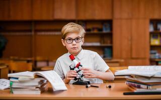 Boy with visual impairment in glasses carefully studies textbooks at a school desk photo