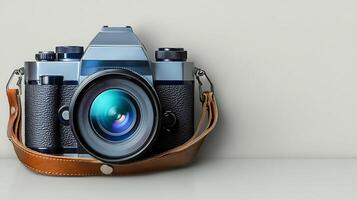 Vintage camera with leather strap placed on a neutral background, highlighting its design and lens photo