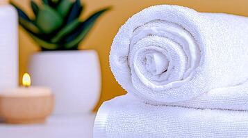Soft white towels neatly rolled on a spa table, with a candle and a plant in the background photo