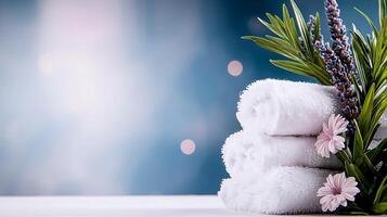 Soft white towels neatly stacked with decorative flowers and greenery against a blurred background photo
