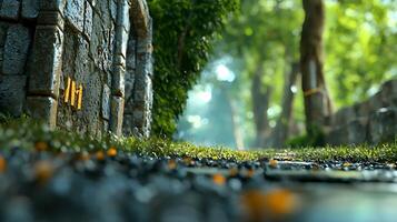 Serene pathway through ancient stone ruins, lush greenery, and dappled sunlight filtering through trees photo