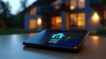 Smartphone displaying a digital home interface at twilight, with a cozy house in the background photo