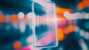 Futuristic smartphone floating in a vibrant urban environment with blurred lights in the background photo