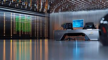 Modern data center with sleek workstation, illuminated backdrop, and high-tech equipment in use photo