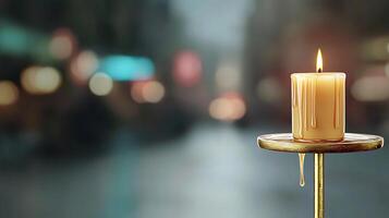 A softly glowing candle on a golden holder, illuminating a blurred urban street at twilight photo