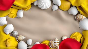 Colorful seashells and fabric create a vibrant border around a sandy background for summer themes photo