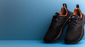Stylish black running shoes with orange accents placed on a blue background, ideal for athletic promotions photo