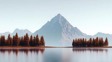 Serene mountain landscape reflecting in calm waters with pine trees lining the shore photo