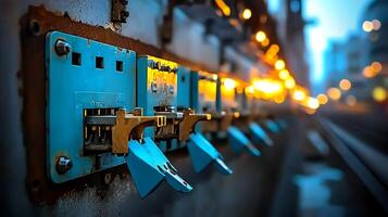 Close-up of vintage railway switches illuminated by warm lights during twilight in an urban setting photo
