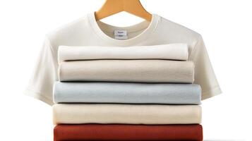 Stacked collection of neatly folded t-shirts in various colors on a wooden hanger against a plain backdrop photo