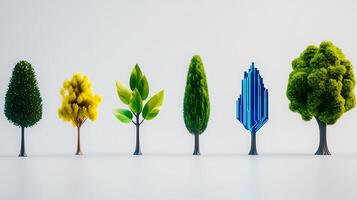 A colorful array of stylized trees showcasing various shapes and textures against a minimalist background photo
