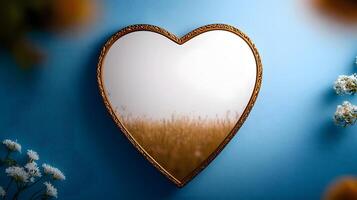 Heart-shaped mirror reflecting a soft focus field with flowers, set against a blue backdrop photo