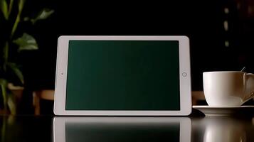 A sleek tablet rests on a dark table beside a white cup, surrounded by a cozy caf atmosphere photo