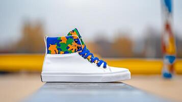 Colorful high-top sneakers displayed on a ledge with blurred autumn scenery in the background photo
