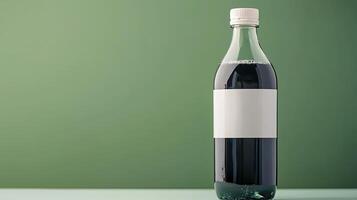 A clean and minimalistic image of a soda bottle with a blank label against a green backdrop photo