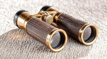 Vintage binoculars resting on a textured surface, capturing a moment of exploration and curiosity photo