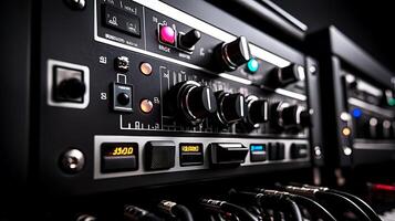 Close-up of audio mixing equipment with illuminated controls and detailed dials in dark setting photo