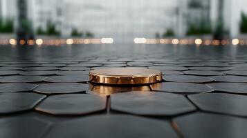 A shiny gold coin rests on a hexagonal tile floor in a modern, softly lit urban environment photo