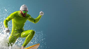 Surfer in Green Wetsuit Riding Waves Against a Blue Background with Splashing Water photo