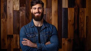 Smiling man in denim jacket poses confidently against a rustic wooden wall backdrop photo