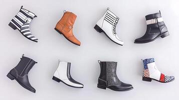 Stylish collection of diverse ankle boots arranged on a light background, showcasing various designs photo
