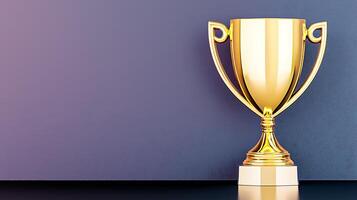 Shiny golden trophy on a sleek dark surface with a gradient backdrop, symbolizing achievement photo