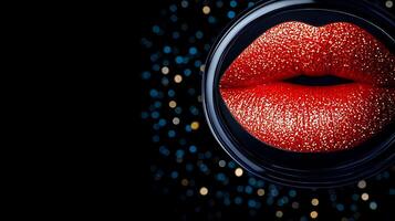 Close-up of sparkling red lips framed by a glossy border with a blurred bokeh background photo