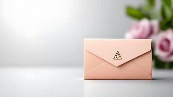 Elegant pink envelope with a logo on a table, surrounded by soft-focus roses in the background photo