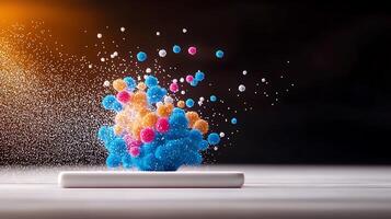 Colorful particles exploding in mid-air above a white surface, creating a dynamic visual effect photo