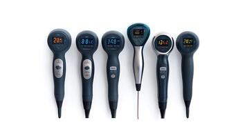 Six modern digital thermometers displaying various temperature readings on a clean, white background photo