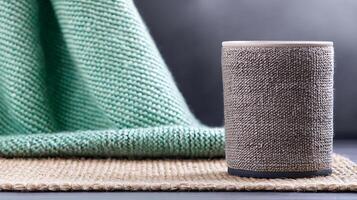 A textured speaker on a woven mat with a soft green blanket draped in the background photo