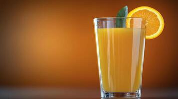 Refreshing glass of orange juice garnished with a slice and leaf against a warm background photo