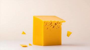 A vibrant yellow cheese block with bite marks and scattered shards against a soft background photo