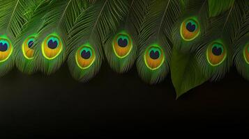 Vibrant peacock feathers arranged in a stunning display against a dark background photo