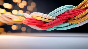 Colorful braided ribbons intertwined against a blurred, illuminated background, creating a vibrant effect photo