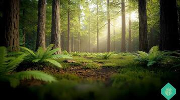 Lush forest landscape with sunlight filtering through trees, highlighting ferns and natural beauty photo